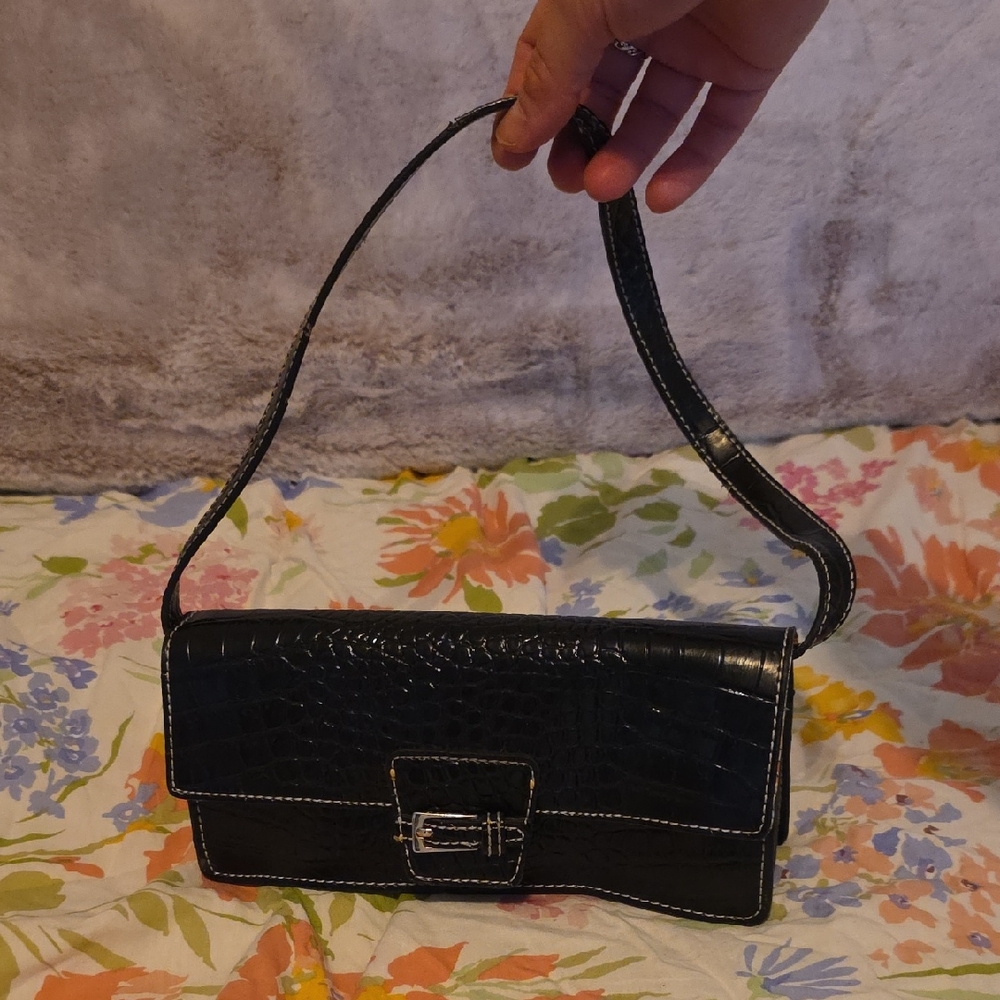 Liz Claiborne Black Croc-Embossed Shoulder Clutch with Buckle Accent